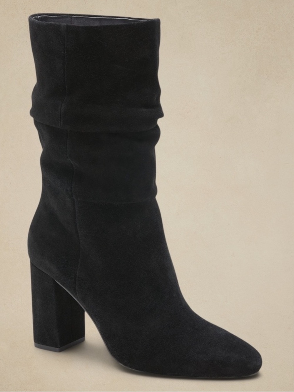Banana Republic Black Suede Slouchy Block Heel Boots, Size 7